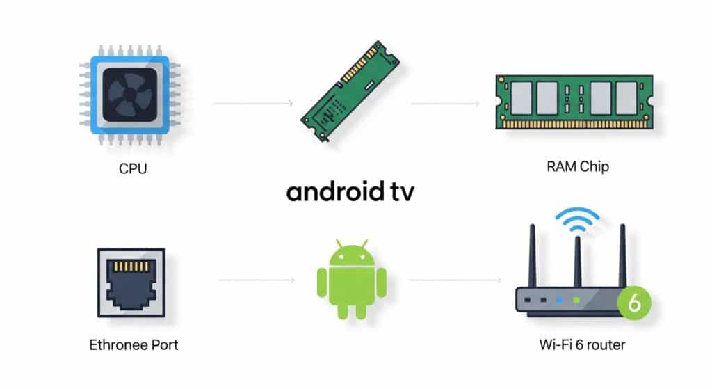 which is best streaming device for tv for iptv infographic showing cpu ram ethernet and wifi6 factors