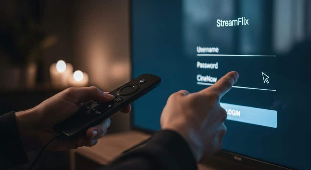 User completing Apollo Group TV login on Firestick device connected to a smart TV