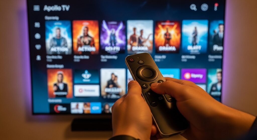 User navigating Apollo TV app features on smart TV with vivid movie thumbnails.