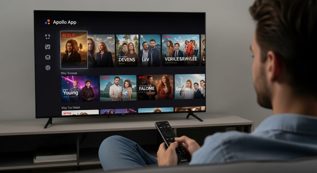 The Apollo app features a Netflix-style interface for intuitive IPTV navigation.