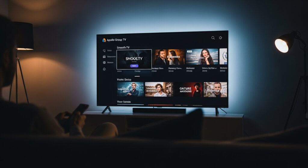 User browsing Apollo interface on Smart TV while researching apollo group tv reddit discussions.