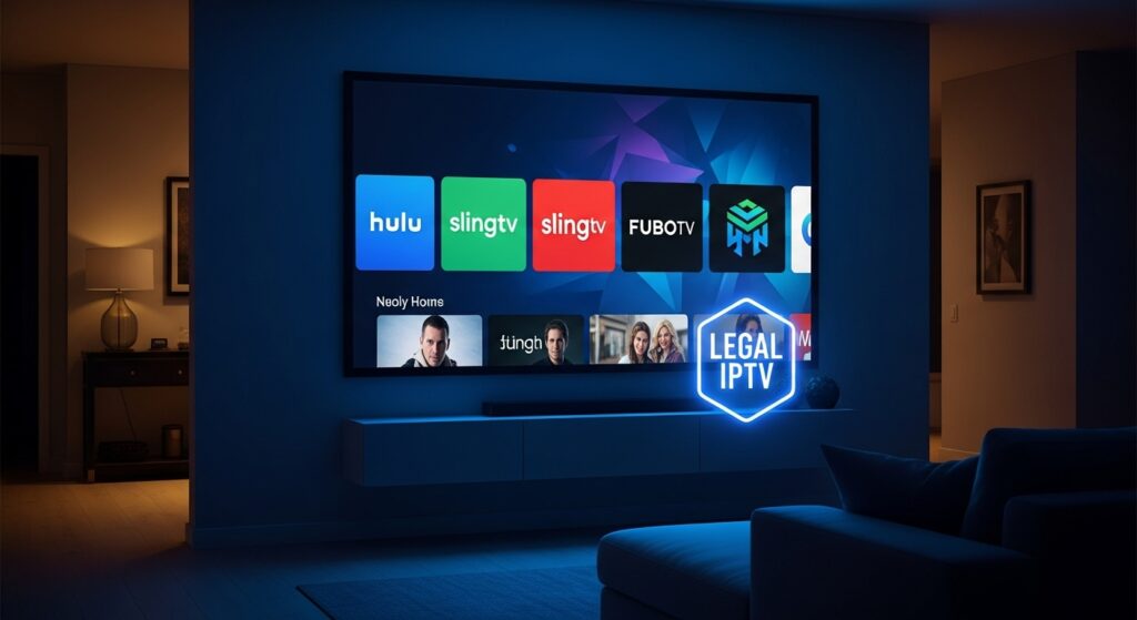 is IPTV legal in USA visual showing legal streaming apps on Smart TV in American living room