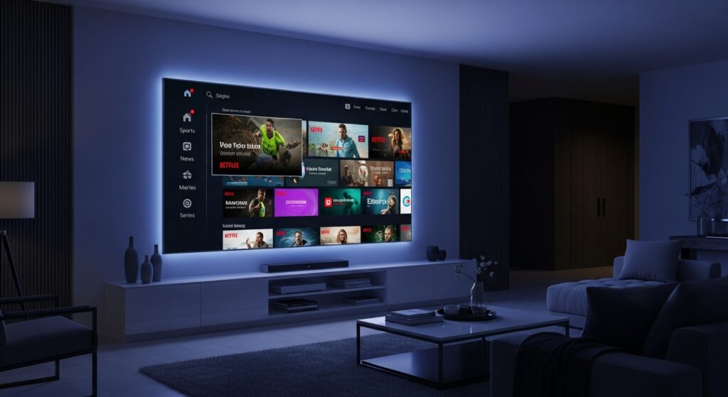 what is IPTV streaming setup with Smart TV and live channels in modern living room