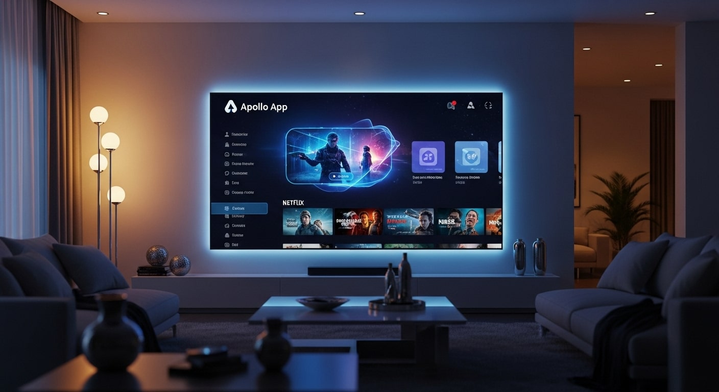 Enjoy unlimited streaming with the Apollo app interface on smart TV in a modern living room.