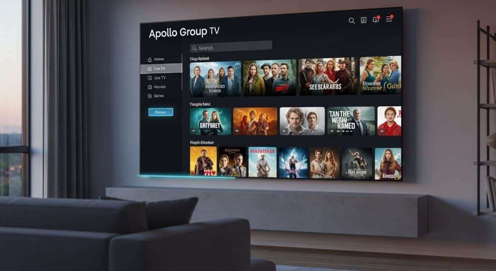 Apollo Group TV login dashboard displayed on a smart TV screen in a modern living room