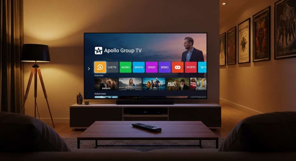 Apollo Group TV reviews showing 4K IPTV interface on smart TV in modern living room