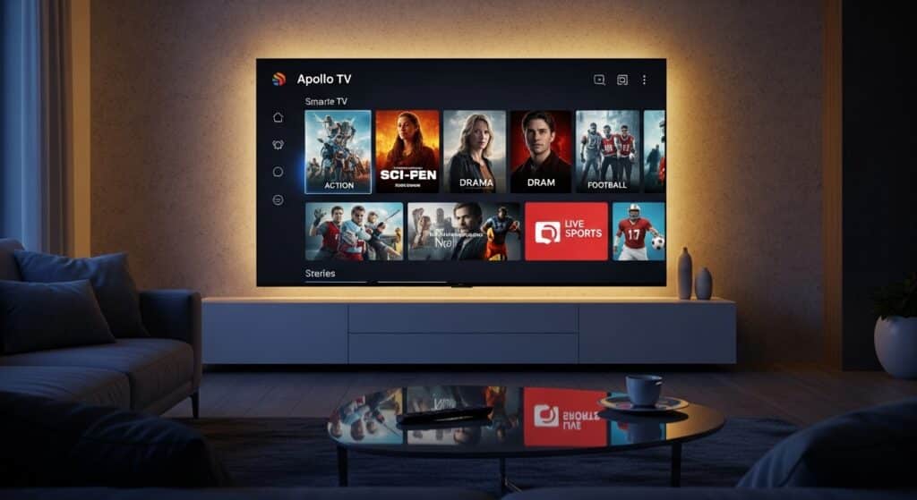 Apollo TV app featured image showing 8K streaming interface on smart TV in modern living room.
