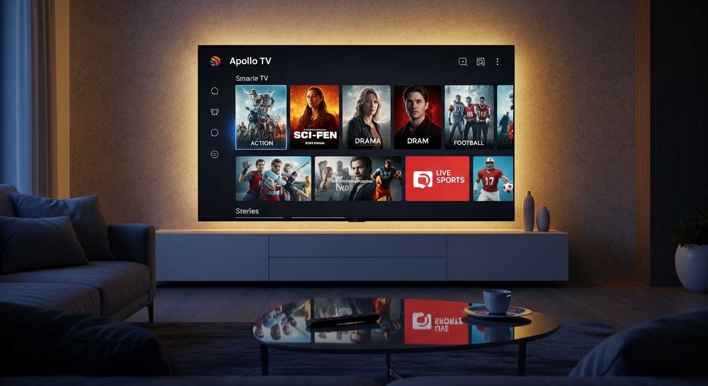 Apollo TV app featured image showing 8K streaming interface on smart TV in modern living room.