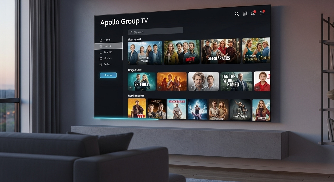 Apollo Group TV login dashboard displayed on a smart TV screen in a modern living room